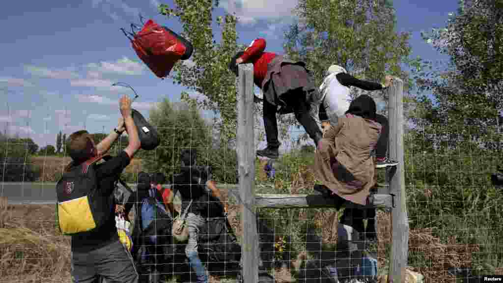 Người di cư nhảy qua hàng rào trên đường phố khi rời khỏi địa điểm tập trung ở làng Röszke.