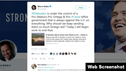 美国联邦参议员鲁比奥在其推特账号上连发数推,对萨尔瓦多与台湾断交发出警告。(推特截屏)