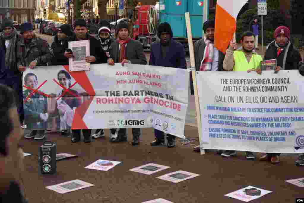 Kachin & Karen organizations joined protests with Rohingya groups . Around 100 people outside in total.