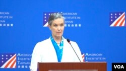 AIT处长孙晓雅2023年7月19日召开记者会,重申美国致力以和平方式维持台海现状。(美国之音特约记者方琦摄影)