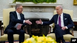 2023年10月25日,拜登总统在华盛顿白宫椭圆形办公室会见澳大利亚总理安东尼·阿尔巴尼斯。(美联社照片)