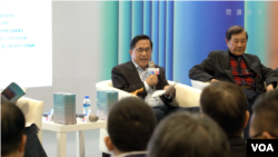 台湾前总统陈水扁2月20日出席他的访谈回忆录新书发表会(美国之音特约记者李昕儒摄影)。