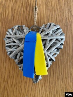 乌克兰难民公寓门上的国旗标志 (美国之音/李北平)