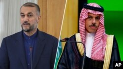 伊朗外交部長侯赛因·阿米尔-阿卜杜拉希扬 （左），沙特阿拉伯外交大臣费萨尔·本·法尔汉·阿勒沙特（右）