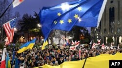 格鲁吉亚民众在首都第比利斯街头举着乌克兰、欧盟和美国的旗帜游行纪念俄乌战争爆发两周年。(2024年2月24日)