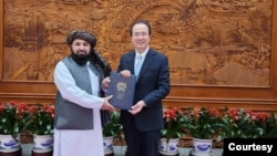 塔利班公布的照片显示,塔利班大使阿萨杜拉·比拉勒·卡里米向中国外交部礼宾司司长洪磊递交国书。(2023年12月1日)