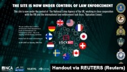 资料照片:2024年2月19日的截屏显示,一个由全球情报机构结成的团体发布通知,宣告取缔一个被称为Lockbit的暗网网站。