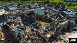 中国广东梅州洪水受灾地区鸟瞰。(2024年6月21日)