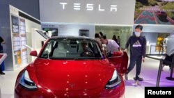 资料照:在中国海南省海口举行的中国国际消费者产品展销会上,参观者在观看特斯拉电动车。(2023年4月12日)