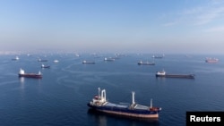 Kapal-kapal komersial yang membawa biji-bijian dalam kesepakatan biji-bijian Laut Hitam menunggu untuk melintasi Selat Bosphorus, di Istanbul, Turki, 31 Oktober 2022. (Foto: Umit Bektas/Reuters)
