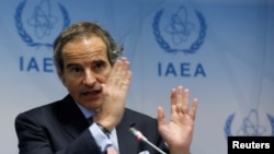 国际原子能机构总干事格罗西在日内瓦的记者会上。(2023年3月6日)