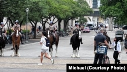 德州大学奥斯汀分校4月24日支持巴勒斯坦抗议现场,照片中显示德州骑警出现在校园内。(受访者提供)