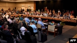 2022年7月12日,太平洋岛国领导人于苏瓦召开的论坛聆听开幕致辞。(法新社)