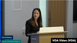 2023年4月24日,美国国家情报总监海恩斯在卡内基国际和平基金会就数字威权主义发表讲话。(视频截图)