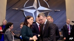 在布鲁塞尔北约总部举行的北约-乌克兰理事会会议上,德国外长安娜莱娜·贝尔博克(左)与乌克兰外长德米特罗·库莱巴交谈。 (2024年4月4日)