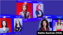 Perbandingan penampakan presenter berita virtual tvOne.ai dan versi aslinya dari tvOne, (kiri ke kanan) Sasya dengan Syahda Yustiza, Nadira dengan Fahda Indi, dan Bhoomi dengan Tiara Harahap.