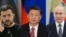 从左至右：乌克兰总统泽连斯基、中国国家主席习近平、俄罗斯总统普京。