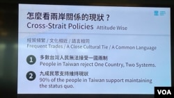 台湾民众党主席柯文哲在乔治华盛顿大学演讲时谈民众党对两岸关系看法的图片。(2023年4月17日,美国之音锺辰芳拍摄)