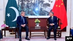 资料照:巴基斯坦总理谢赫巴兹·谢里夫(左)就在自杀式袭击中遇难的中国公民一事与中国驻伊斯兰堡大使姜再冬进行交谈。。(2024年3月26日)