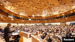 世界卫生组织总干事谭德塞（Tedros Adhanom Ghebreyesus）在日内瓦举行的每年一度的世界卫生大会上讲话。（2024年5月27日）