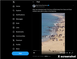 Tangkapan layar dari posting di X yang memperlihatkan warga Palestina di pantai Deir Al-Balah, Jalur Gaza pada 17 April 2024. Video di postingan X ini telah digunakan untuk menyebarkan disinformasi tentang perang Israel-Hamas.
