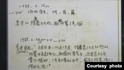 薛荫娴医生1988年2月在工作日志中记录了体操队员李宁自述身体不适的情况 (杨伟东提供图片)