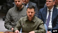 Rais wa Ukraine Volodymyr Zelenskyy akizungumza katika Baraza la Usalama la ngazi ya juu, huko New York Septemba 20, 2023. Picha na ANGELA WEISS / AFP