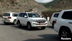 在视频截图中,联合国特派团车辆于 2023 年 10 月 1 日抵达阿塞拜疆拉钦的纳戈尔诺-卡拉巴赫。