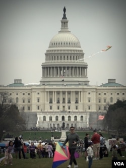 3月30日, 风和日丽,国会大草坪上也聚集了大批放风筝的群众 (美国之音/莫干生)