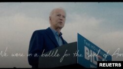 资料照片:美国总统拜登2023年4月25日正式宣布竞选连任的视频。