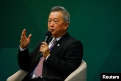 台湾汉翔董事长胡开宏在台北举行的美台国防产业合作论坛上讲话。(2023年5月3日)