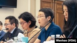 中国被捕入狱律师丁家喜的妻子罗胜春(右二)与失踪律师高智晟的妻子耿和(左二)在美国国会听证会上作证(2023年4月20日)