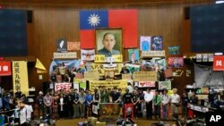 资料照片:“太阳花运动”的学生们占领台湾立法会,抗议与中国的贸易协定。( 2014年4月7日)