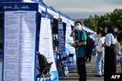 中国年轻人参加北京举行的一个招聘会。(2022年8月26日)