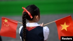 资料照::一个越南小女孩在河内的越南国会大厦前手持中越两国国旗。(2017年11月12日)
