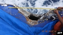 菲律宾海岸警卫队船只2024年8月19日在南中国海萨比纳浅滩(Sabina Shoal,菲律宾称Escoda,中国称仙宾礁)与中国海警船相撞后破损。