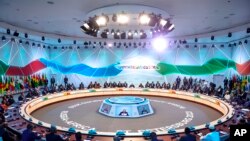 俄罗斯总统弗拉基米尔·普京（中）于 2023 年 7 月 28 日在俄罗斯圣彼得堡举行的俄罗斯非洲峰会全体会议上发表讲话。