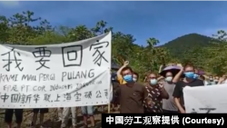 2022年3月29日,103名滞留印尼苏拉维西超过五个月的中国工人,举行抗议示威活动,要求回家、讨还薪水。(中国劳工观察提供)