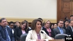 2019年6月4日,美国国会议长佩洛西(House Speaker Nancy Pelosi, D-CA)出席天安门事件30周年听证会。(美国之音记者李逸华拍摄)