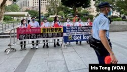 有建制派团体在终审法院外集会,要求中国全国人大常委会直接为《港区国安法》释法,禁止非中国籍司法人员,包括法官,参与国安法的审讯 (美国之音/汤惠芸)