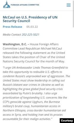 麦克·麦考尔(Michael MaCaul)日前发表声明,呼吁联合国优先考虑包括中共对维吾尔人种族灭绝在内的长期受到美国关注的问题。(国会网络截屏)