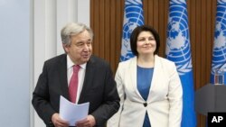 联合国秘书长古特雷斯与摩尔多瓦总理加夫里利策共同举行记者会（2022年5月9日）