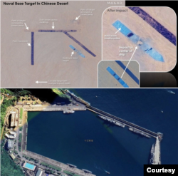 前台湾海军新江军舰舰长吕礼诗将解放军于新疆沙漠新建的模拟码头比对台湾的苏澳港海军基地后,发现两者高度相似。(图片提供:吕礼诗,分别取自USNI与Google)