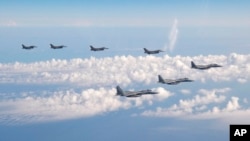 日本和美国战斗机2022年5月25日在日本海上空联合巡航。(美联社转自日本自卫队照片)