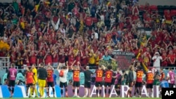比利时足球队击败加拿大队后在卡塔尔多哈的艾哈迈德·本·阿里体育场与球迷们一起庆祝胜利。(2022年11月23日)