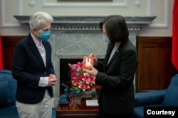 台湾总统蔡英文在台北总统府会晤到访的德国自由民主党成员、国会国防委员会主席玛丽-艾格尼丝·斯特拉克-齐默尔曼(Marie-Agnes Strack-Zimmermann)。(2023年1月10日)