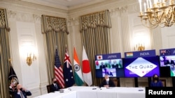 美国与日本、澳大利亚和印度领导人2021年3月12日举行视讯四方峰会(路透社)