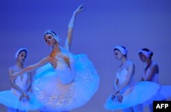 2020年1月29日,俄罗斯皇家芭蕾舞团的舞者在波哥大科隆剧院的排练中表演天鹅湖的场景。