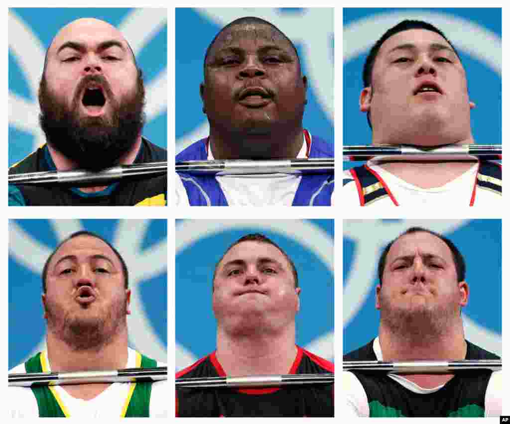 Các vận động viên cử tạ hạng cân 105 kg. Từ trái hàng 1: Damon Kelly của Australia, Frederic Fokejou Tefot -Cameroon, Kazuomi Ota-Nhật Bản. Hàng 2: Fernando Saraiva Reis- Brazil, Yauheni Zharnasek- Belarus và