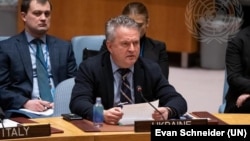 资料照:乌克兰常驻联合国代表谢尔盖·基斯利察在安理会维护乌克兰和平与安全会议上发言。(联合国图片)